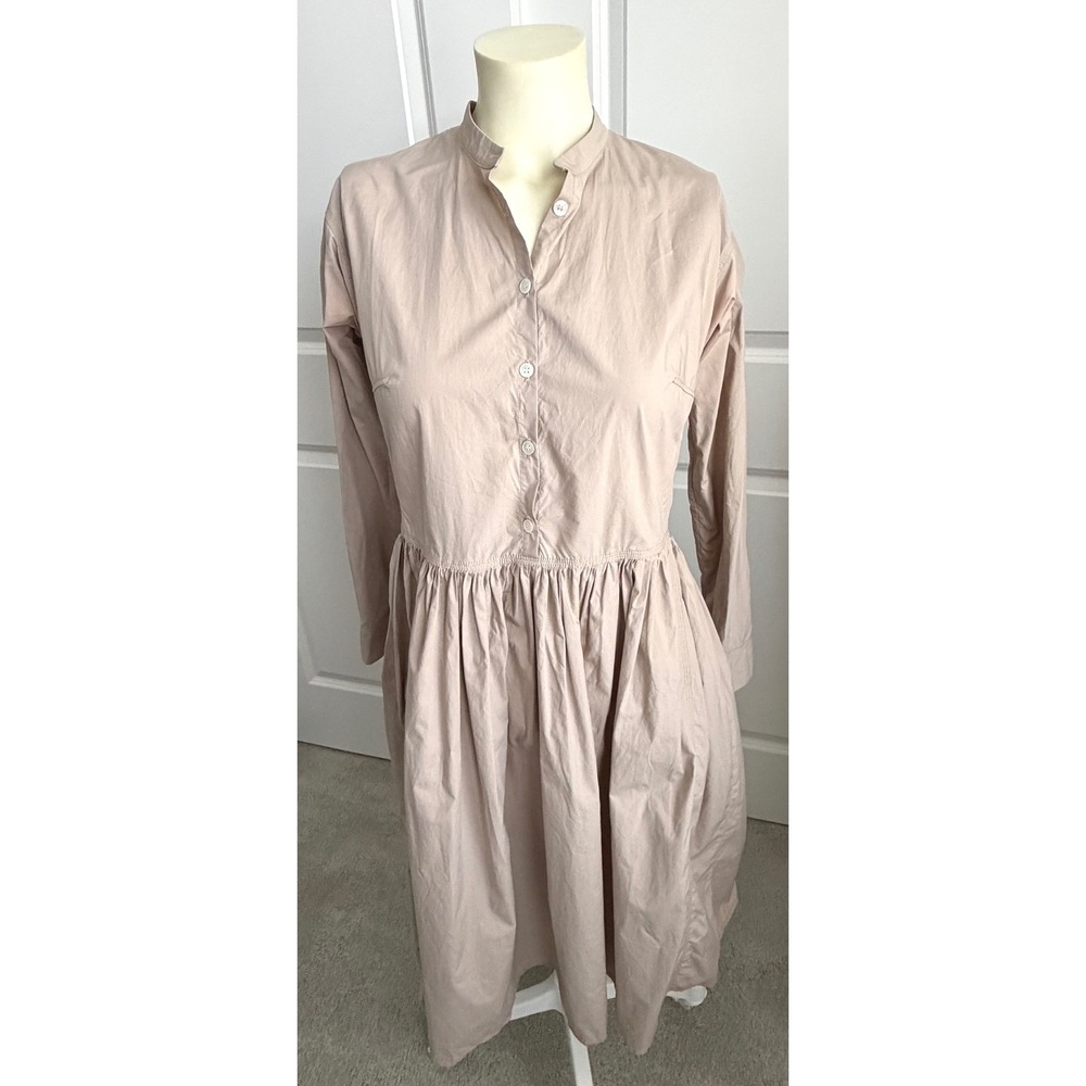 Jil Sander Tan Beige Cotton Poplin Long Sleeve Button Midi Dress Size 38 Italy